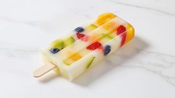 Delicious Homemade Fruit Popsicle with Kiwi Strawberries and Blueberries on Marble photo