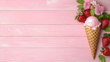 Delicious Strawberry Ice Cream Cone on Pink Wooden Background with Fresh Strawberries and Flowers photo