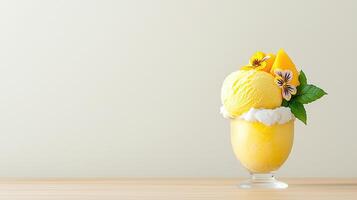 Delicious Mango Ice Cream Dessert with Whipped Cream and Flowers photo