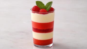 Layered Raspberry Dessert in Glass Creamy Vanilla and Red Raspberry Parfait Gourmet Sweet Treat photo