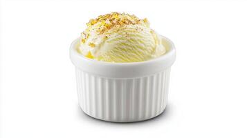 Delicious Vanilla Ice Cream Scoop in White Ramekin Sweet Dessert Treat photo
