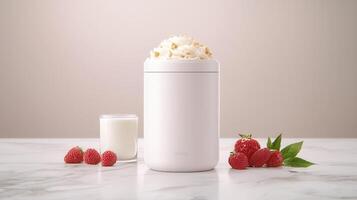 Creamy Whipped Dessert Topping in a Modern Electric Whipper with Milk and Raspberries photo