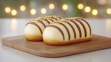 Delicious White Chocolate Hazelnut Treats on Wooden Board Festive Dessert photo