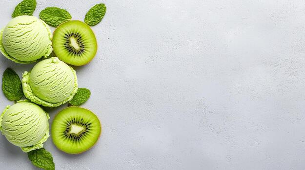 Refreshing Kiwi Ice Cream Scoops with Mint Leaves on Gray Background photo