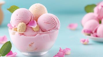 Delicious Pink and Vanilla Ice Cream Scoops in Glass Bowl with Rose Petals photo
