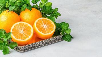 Juicy Oranges and Fresh Mint Leaves on an Ornate Silver Tray Close up photo