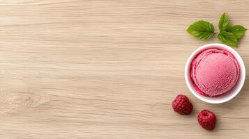 Delicious Raspberry Sorbet Scoop in Bowl on Wooden Background photo