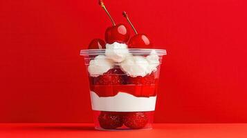 Delicious Red Cherry and Cream Dessert in a Plastic Cup on Red Background photo