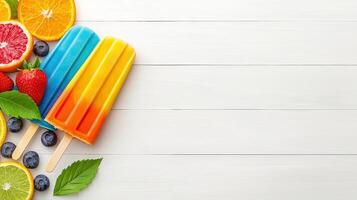Refreshing Summer Popsicles with Assorted Fresh Fruits on White Wooden Background photo
