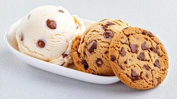 Delicious Chocolate Chip Cookie Dough Ice Cream Scoops with Chocolate Chip Cookie photo