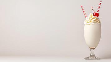 Creamy Vanilla Milkshake with Whipped Cream and Cherry Garnish on White Background photo