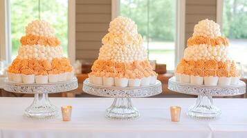 Elegant Peach and White Cupcake Wedding Cakes on Crystal Stands photo