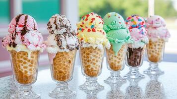 Delicious Assortment of Ice Cream Scoops in Waffle Cones photo