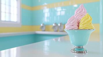 Delicious Pink and Yellow Soft Serve Ice Cream in Retro Diner Setting photo