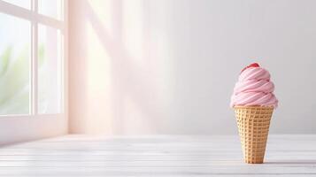 Delicious Pink Strawberry Frozen Yogurt in Waffle Cone near Window photo