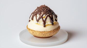 Delicious Vanilla Ice Cream Dessert with Chocolate Drizzle and Shavings in a Cookie Crumble Bowl photo