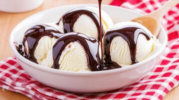 Delicious Vanilla Ice Cream Scoops Drenched in Rich Chocolate Sauce photo