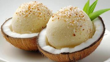 Creamy Coconut Ice Cream Scoops Served in Coconut Shells Topped with Shredded Coconut Flakes photo
