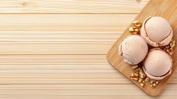 Delicious Peach Ice Cream Scoops with Walnuts on Wooden Board photo