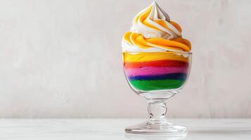 Delicious Rainbow Layered Dessert with Whipped Cream Topping in Glass photo