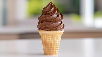 Delicious Chocolate Soft Serve Ice Cream Cone on White Background photo