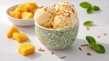 Creamy Mango Coconut Ice Cream Scoops in a Green Bowl with Fresh Mango Chunks photo