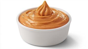 Creamy Peanut Butter Dip in White Bowl Swirled Texture Close Up Food Photography photo