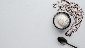 Delicious Vanilla Ice Cream Scoop with Melted Chocolate Swirl on White Background photo