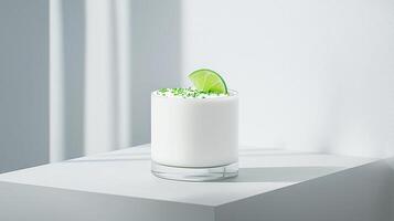 Refreshing White Cocktail with Lime Garnish Minimalist Style Studio Shot photo
