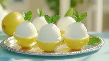 Refreshing Lemon Sorbet in Lemon Cups with Mint Garnish Gourmet Dessert photo
