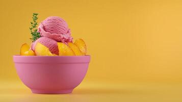 Delicious Peach Ice Cream Scoops in Pink Bowl on Yellow Background photo