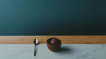 Single Scoop Chocolate Ice Cream in Brown Bowl with Spoon on Marble Surface photo