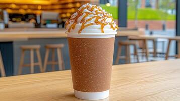 Indulgent Caramel Coffee Drink with Whipped Cream Sea Salt Cafe Setting photo