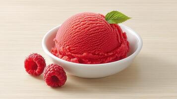 Delicious Raspberry Sorbet Scoop in White Bowl with Fresh Raspberries photo