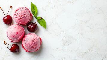 Delicious Cherry Ice Cream Scoops with Fresh Cherries on Marble Background photo