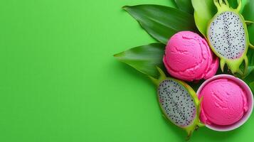 Delicious Pink Dragon Fruit Ice Cream Scoops with Fresh Fruit Slices on Green Background photo