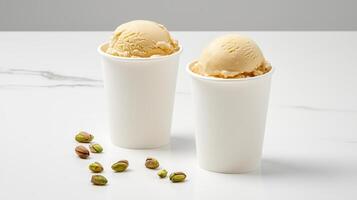 Creamy Pistachio Ice Cream Scoops in Disposable Cups on Marble photo
