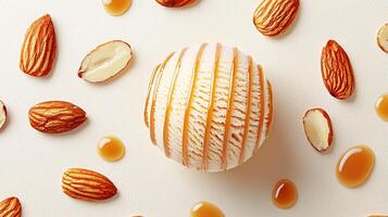 Creamy Almond Ice Cream Scoop with Caramel Drizzle and Almonds photo