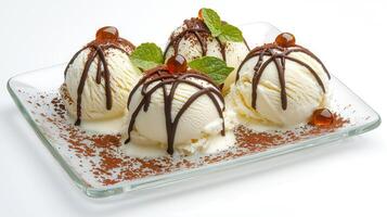 Delicious Vanilla Ice Cream Scoops with Chocolate Sauce Cocoa Powder and Mint Garnish photo