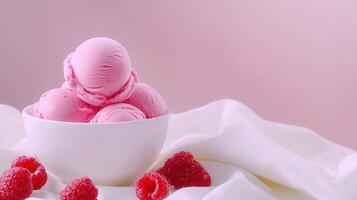 Delicious Pink Raspberry Ice Cream Scoops in Bowl Sweet Dessert Treat photo