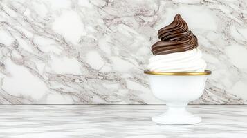 Delicious Chocolate and Vanilla Swirl Soft Serve Ice Cream in Elegant White Pedestal Bowl on Marble photo