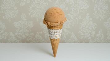 Delicious Caramel Ice Cream Scoop in Waffle Cone with Lace Elegant Dessert photo