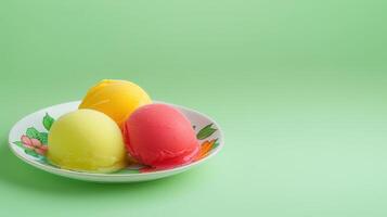 Three Scoops of Colorful Sorbet on a Plate Refreshing Summer Dessert Sweet Treat photo