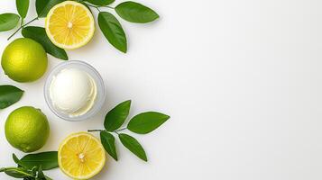 Refreshing Lemon Lime Ice Cream Scoop with Citrus Leaves on White Background photo