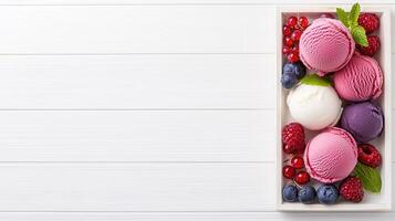 Delicious Berry Ice Cream Scoops in Wooden Tray with Fresh Raspberries Blueberries Red Currants photo
