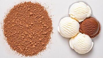 Delicious Chocolate and Vanilla Ice Cream Scoops with Cocoa Powder photo