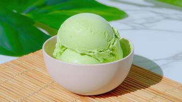 Refreshing Matcha Green Tea Ice Cream Scoops in Bowl Summer Dessert photo