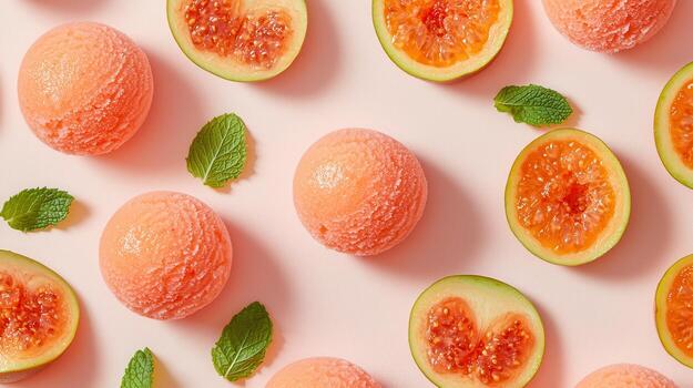 Refreshing Guava Sorbet Scoops with Mint and Sliced Guava Fruit on Pink Background photo