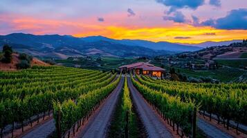 Stunning Vineyard Sunset Landscape Rows of Grape Vines Winery House Mountain Views photo