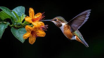 Vibrant Hummingbird Feeding on Orange Flowers Close up Nature Photography photo